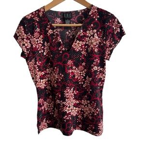 INC International Concepts Women's Floral Blouse Red Black SMALL